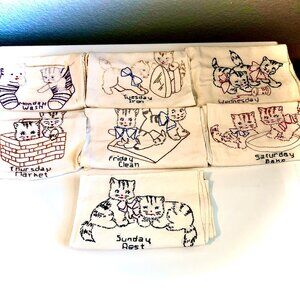 7 Vint 1970 Hand Embroidered Dish Tea Towels Kitten Cats Chores 7 Days Of Week